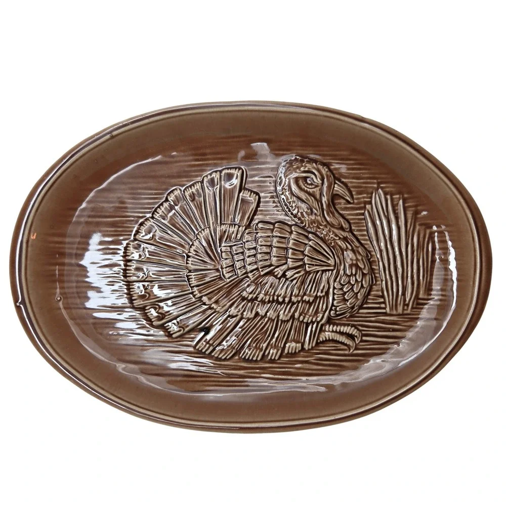 McCoy Pottery 9310 USA Brown Turkey Embossed Serving Platter Oven Proof 15.5